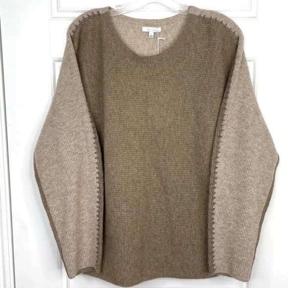 JOHNNY WAS CALME 100% Cashmere NEW Color Block Waffle Sweater Taupe Tan Size L